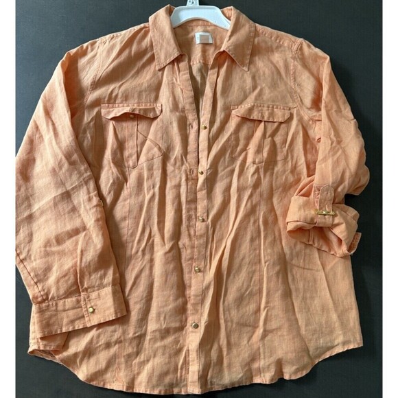 chicos linen shirt orange gold button down roll tab sleeves 100% linen size 2/ L - Picture 6 of 13